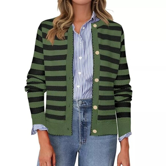 L.L. Bean Vintage Womens Striped Green & Navy Button-Up Cardigan Sweater L - Picture 1 of 12